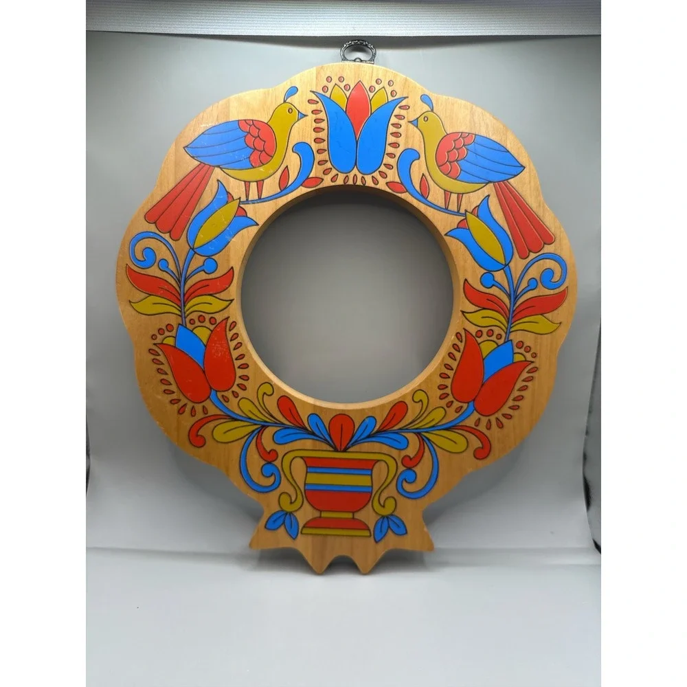 Double Sided‎ Wooden Dutch Folk Art Wreath Handpainted Floral Bird 13x12
